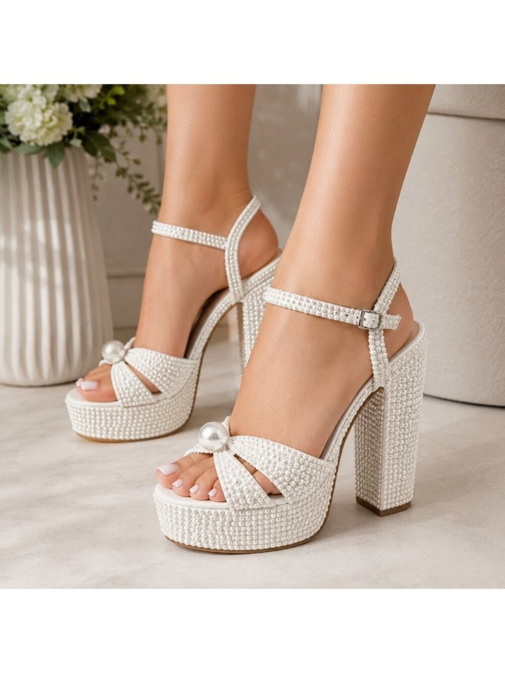 Gianni Bini Pearl Embellished Platform Heels Size 9.5 Women's White Ankle Strap
